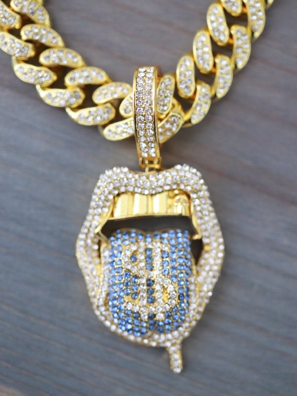 Dollar $ Tounge Lips Ice Pendant Blue/SIlver Chain Necklace 18k Gold Plated